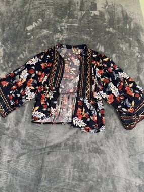 Janse Womens Navy Bohemian Floral Kimono Jacket Sequins Embroidery M